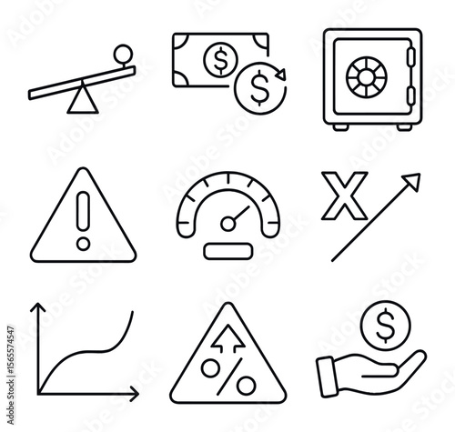 Margin Trading Icons. Outline icon set of margin trading: lever, borrowed money icon, collateral vault, margin