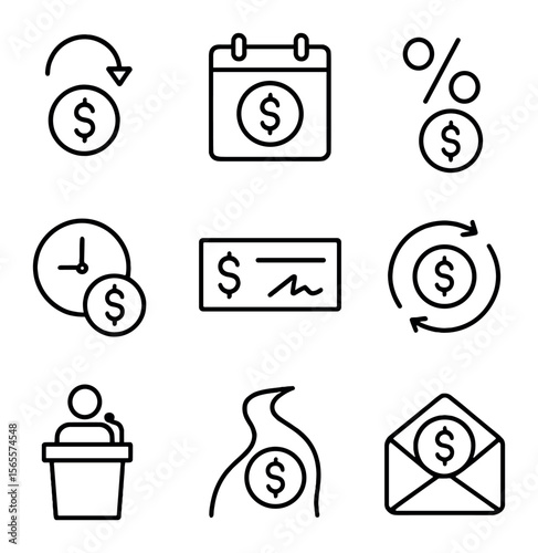 Dividend Investing Icons. Outline icon set of dividend investing: coin dropping, calendar with dividend date,