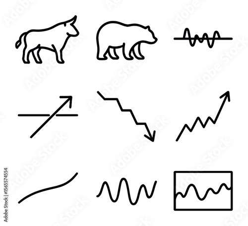 Market Trend Icons. Outline icon set of market trends: bull silhouette, bear silhouette, sideways trend,