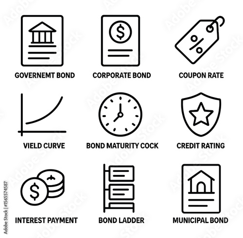 Bond Trading Icons. Outline icon set of bond trading: government bond, corporate bond, coupon rate tag, yield
