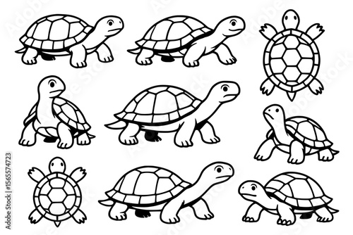 A charming vector collection of cartoon turtles and tortoises in various poses, showcasing their distinct shells and friendly expressions. Rendered in clean black and white line art.