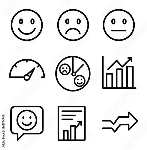 Market Sentiment Icons. Outline icon set of market sentiment: smiley face, frowny face, neutral emoji,