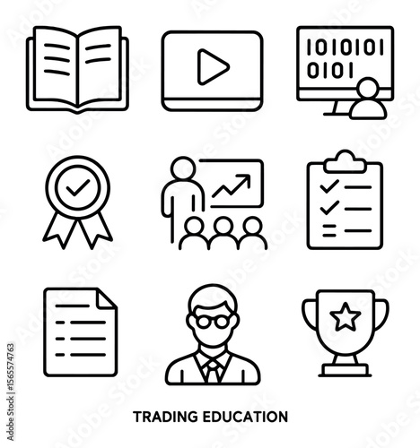 Trading Education Icons. Outline icon set of trading education: book open, video tutorial play button, webinar