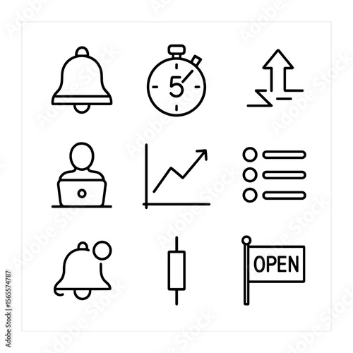 Market Opening Icons. Outline icon set of market opening: opening bell, countdown timer, price gap arrow,