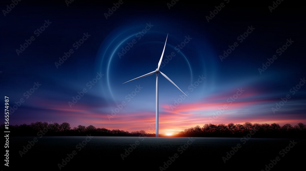Obraz premium Wind turbine generating renewable energy at dusk with the sunset, clean energy concept
