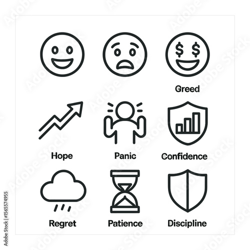Trader Emotions Icons. Outline icon set of trader emotions: joy emoji, fear emoji, greed emoji, hope icon,