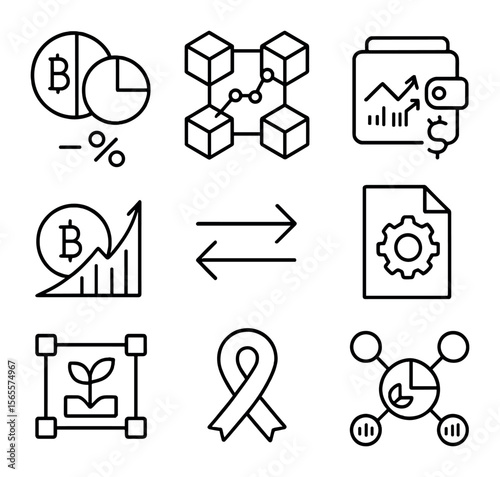 Blockchain Stock Icons. Outline icon set of blockchain stocks: token share icon, blockchain chart, hybrid