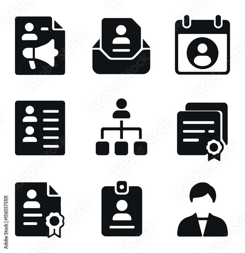 Recruitment Process Icons. Solid, filled icons set of recruitment process: job posting icon, application inbox