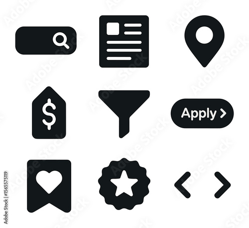 Job Board Icons. Solid, filled icons set of job board: search bar, job card, location pin, salary tag, filter