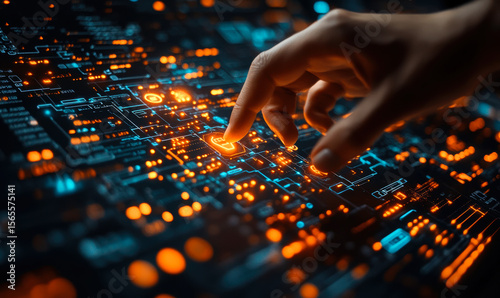 Close-up of hand interacting with futuristic digital touchscreen interface displaying glowing orange and blue cyber network connections and icons for technology control and data management