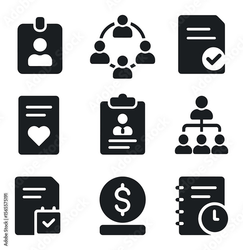 HR Icons Grid. Solid, filled icons set of human resources: HR badge, people network, compliance form, benefits