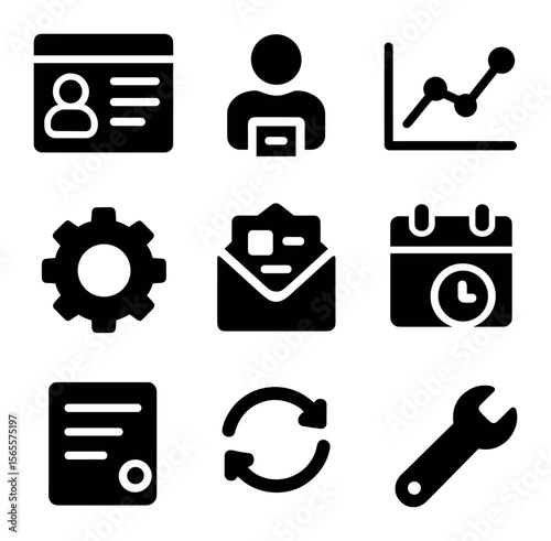 Recruitment Software Icons. Solid, filled icons set of recruitment software: dashboard, user profiles,