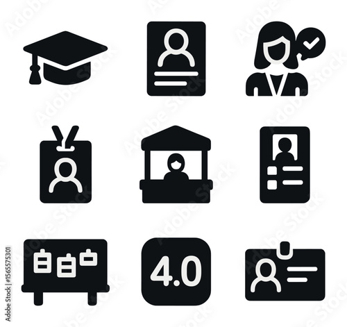 University Recruitment Icons. Solid, filled icons set of university recruitment: graduation cap, student