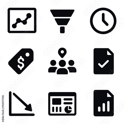 Hiring Metrics Icons. Solid, filled icons set of hiring metrics: analytics chart, funnel stages, time-to-fill