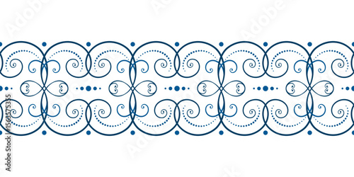Ornamental seamless border of blue curls on white background. Frost pattern on the window. Ethnic folk ornament in nordic style. Monochrome background of swirls. Winter holiday decor.