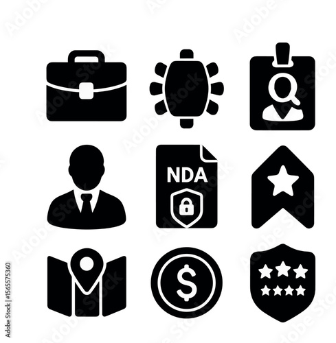 Executive Search Icons. Solid, filled icons set of executive search: briefcase icon, boardroom table,