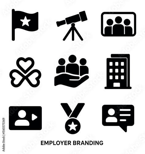 Employer Branding Icons. Solid, filled icons set of employer branding: brand flag, mission icon, team photo,