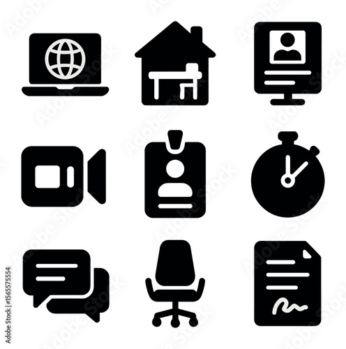 Remote Work Icons. Solid, filled icons set of remote work hiring: laptop with globe, home desk icon, online