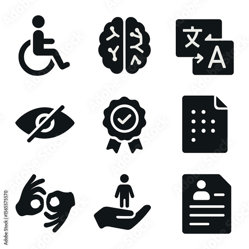 Inclusive Hiring Icons. Solid, filled icons set of inclusive hiring: accessibility wheelchair, neurodiverse
