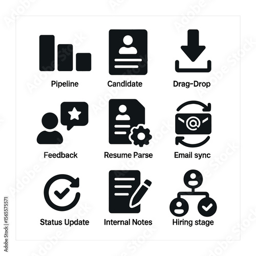 ATS Icon Set. Solid, filled icons set of ATS (applicant tracking system): pipeline lanes, candidate card, drag