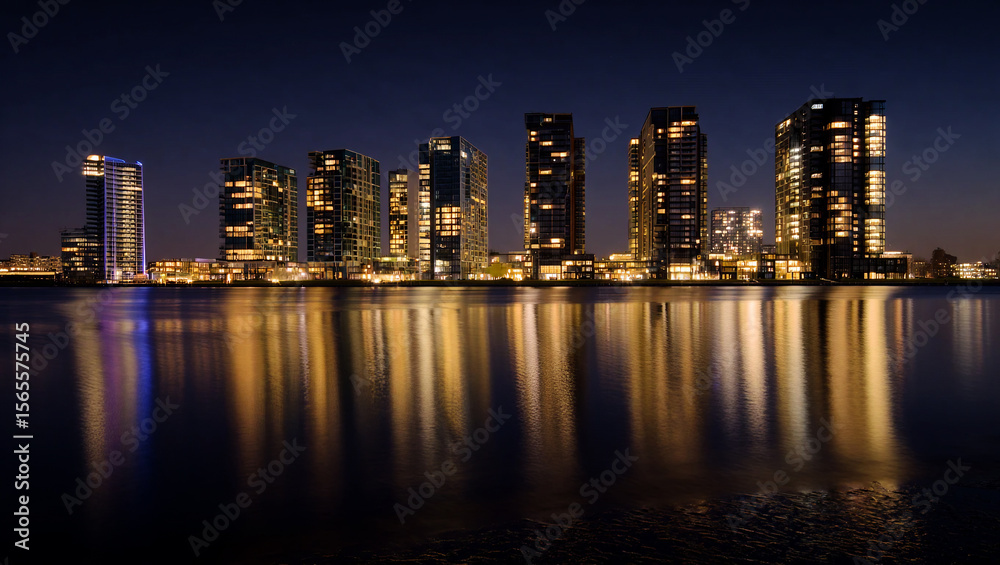 Naklejka premium Illuminated city skyline reflected in dark water at night buildings skyscrapers