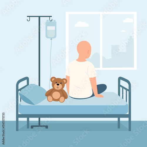 Child hairless after chemotherapy sitting on the bed in hospital.Oncology, care, childhood, clinic, health concept.Vector Illustration