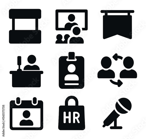 Hiring Event Icons. Solid, filled icons set of hiring events: event booth, presentation stage, company banner,