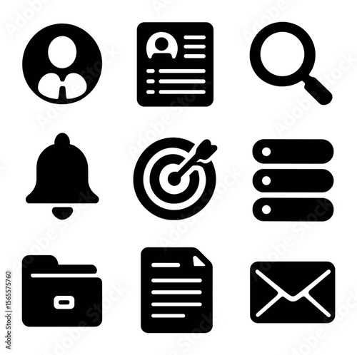 Job Seeker Icons. Solid, filled icons set of job seekers: profile photo, resume document, search icon, alert