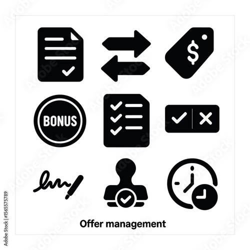 Offer Management Icons. Solid, filled icons set of offer management: offer letter icon, negotiation arrows,