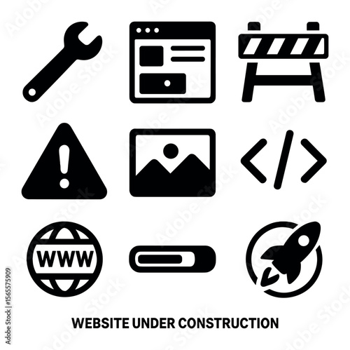 Website Construction Icons. Solid, filled icons set of website under construction: wrench icon, site preview,