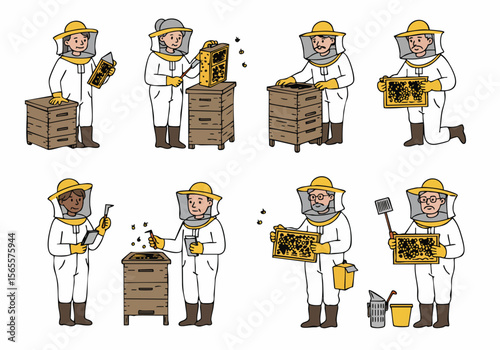 Illustrations of diverse beekeepers in protective suits working with beehives, performing tasks related to honey production and hive inspection.