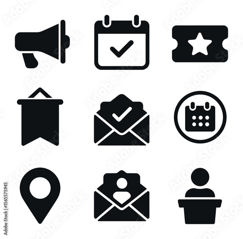 Event Icon Set. Solid, filled icons set of event announcement: megaphone, save the date, event ticket, teaser
