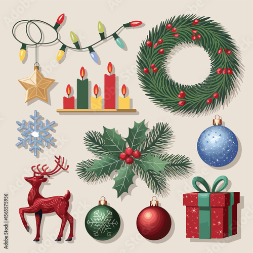 vector Happy New Year Celebrating 2025 in Latin letters , Christmas Decoration Items Santa Claus
