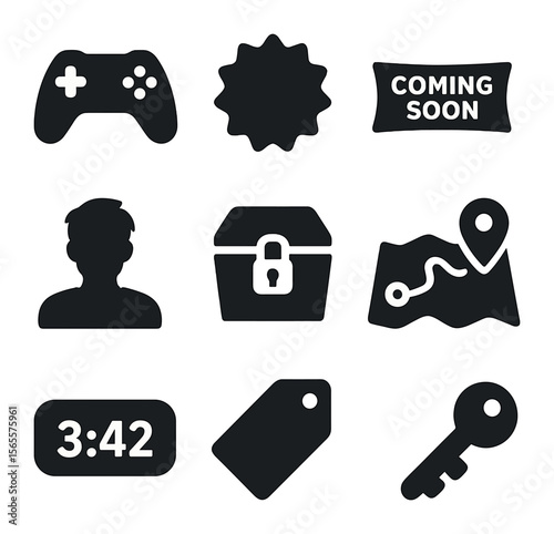 Game Pre-Release Icons. Solid, filled icons set of game pre-release: game controller, new game badge, coming