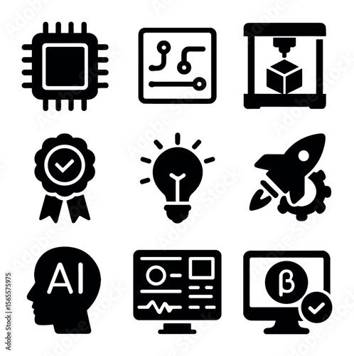 Tech Innovation Icons. Solid, filled icons set of tech innovation: microchip icon, circuit sketch, prototype