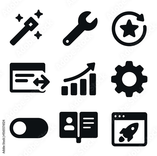 Feature Launch Icons. Solid, filled icons set of feature launch: magic wand icon, new tool icon, update star,