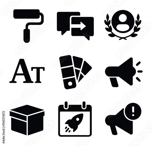 Rebranding Icons Grid. Solid, filled icons set of rebranding campaign: paint roller, logo change, brand