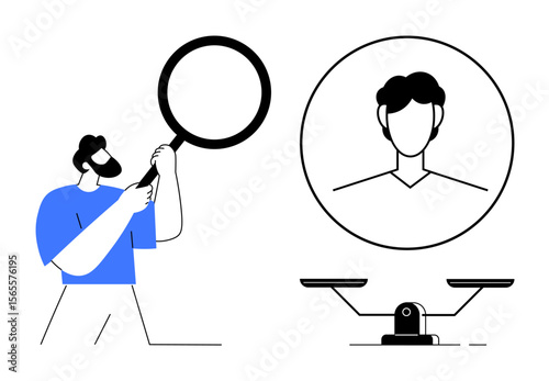 Man holds magnifying glass near face portrait, scale below highlighting assessment, justice, decision, or equality. Ideal for personal evaluation, recruitment, ethics, judgment fairness balance