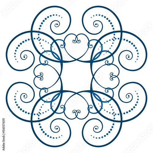 Elegant design element of blue curls on white background. Frost pattern on the window. Ethnic folk ornament in nordic style. Monochrome ornamental decor of swirls. Winter holiday decor.