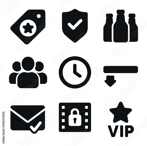 Exclusive Icons Set. Solid, filled icons set of limited release: limited tag, exclusive icon, small batch icon