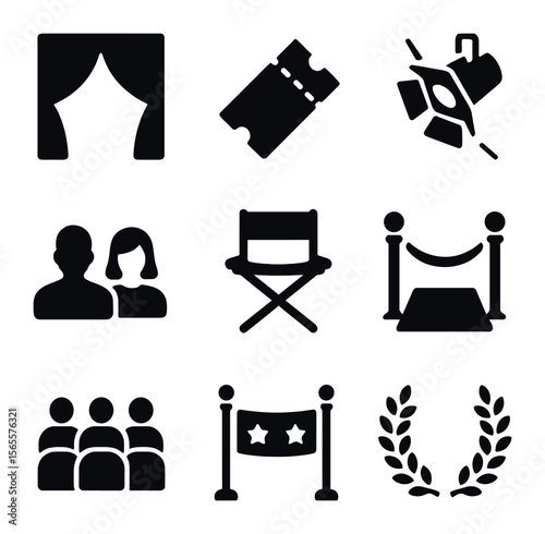 Festival Premiere Icons. Solid, filled icons set of festival premiere: curtain rise icon, theater ticket,