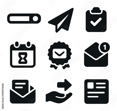Newsletter Icon Set. Solid, filled icons set of newsletter signup for launch: email input field, paper plane
