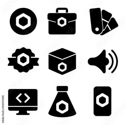 Brand Launch Icons. Solid, filled icons set of new brand launch: brand logo icon, launch press kit, brand