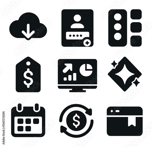 SaaS Platform Icon Set. Solid, filled icons set of SaaS platform launch: cloud software icon, login screen,