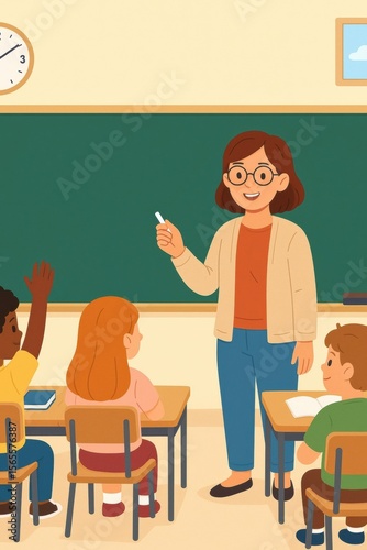 A cheerful teacher engages with students in a colorful classroom setting, promoting interactive learning and education. Ideal for educational materials and child-related content.
