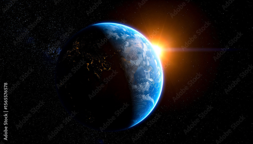 Fototapeta premium A planet on a black background of vast space, behind the planet from the top center rises a sun illuminating the edges of the planet like a coronary glow