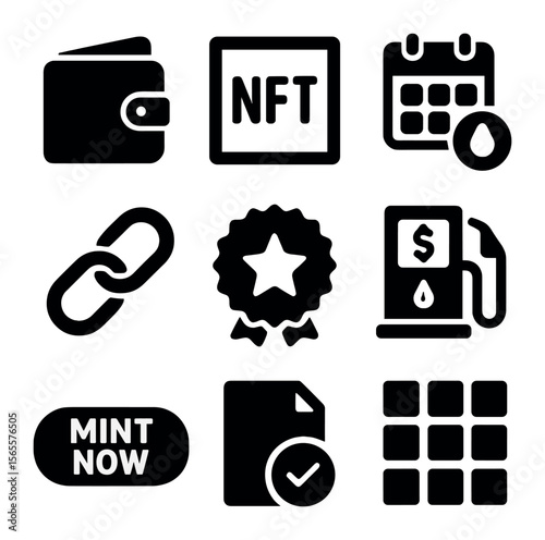 Web3 Icon Grid. Solid, filled icons set of NFT or web3 drop: crypto wallet icon, NFT frame, launch date tag,