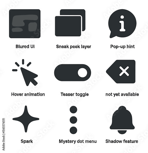 Modern UI Icons Grid. Solid, filled icons set of teaser UX elements: blurred UI, sneak peek layer, pop-up hint
