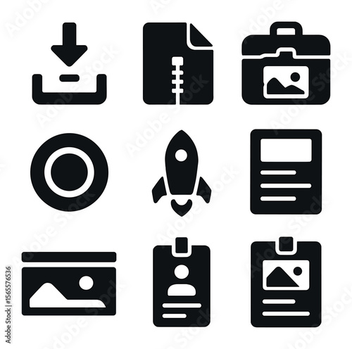 Media Kit Icons. Solid, filled icons set of media kit launch: media download icon, folder zip, asset pack icon