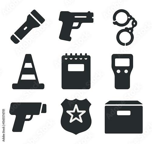 Law Enforcement Icons. Solid, filled icons set of law enforcement tools: flashlight, taser, handcuffs, traffic